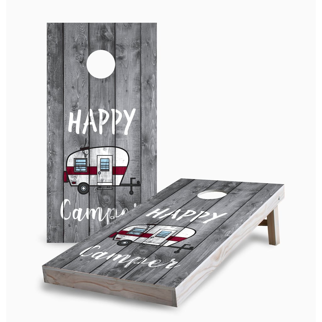 Happy Camper Corn Hole Board Set w Case & Lights