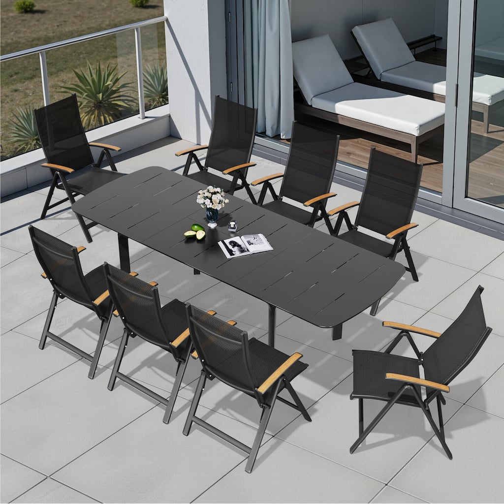 9PC Outdoor Aluminum Expandable Patio Dining Table Extension Table with Floding Chair