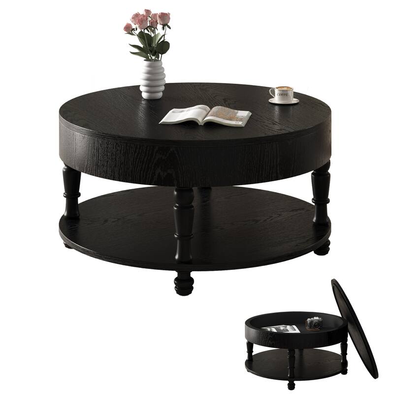 Black Round Coffee Table Center Table with Storage and Hidden Compartment, Sofa Table Side Table End Table