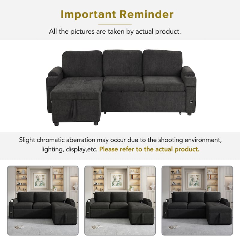 83.5" L-shaped Sofa Couch Convertible Sofa Bed Sectional Sofa with Ample Storage Space, Two Cup Holders and Two USB Ports