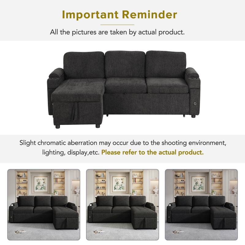 L-Shaped Convertible Sofa Bed with Reversible Chaise Lounge, Chenille Fabric Sectional Sofa with 2 Cup Holders & 2 USB Ports
