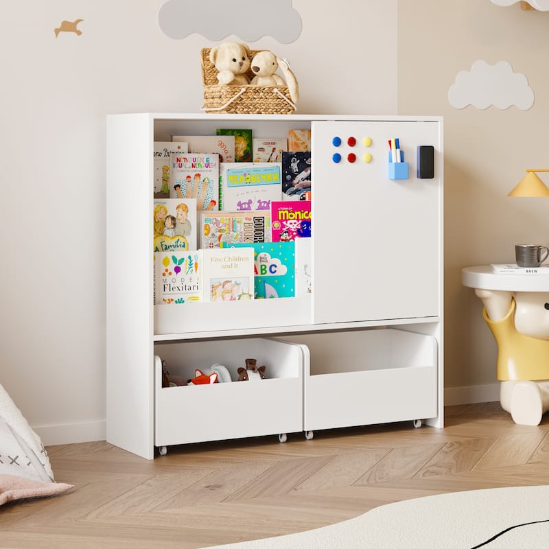 Kids Sliding Door Bookcase with 2 Large Rolling Toy Bins – 39.4" Wide White Children’s Bookshelf Organizer