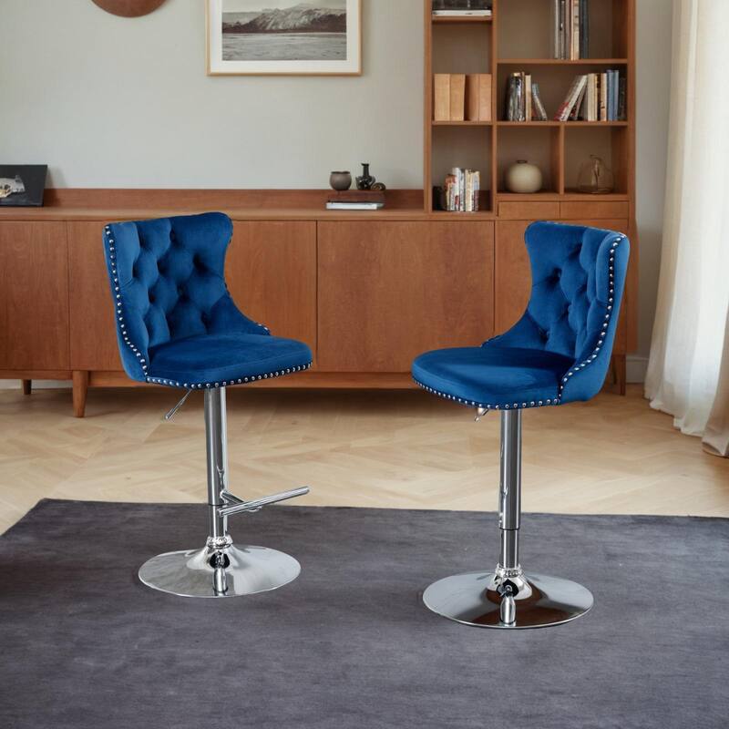 Modern Upholstered Chrome base Bar Stools with Backs Comfortable Tufted for Home Pub and Kitchen Island（Set of 2）
