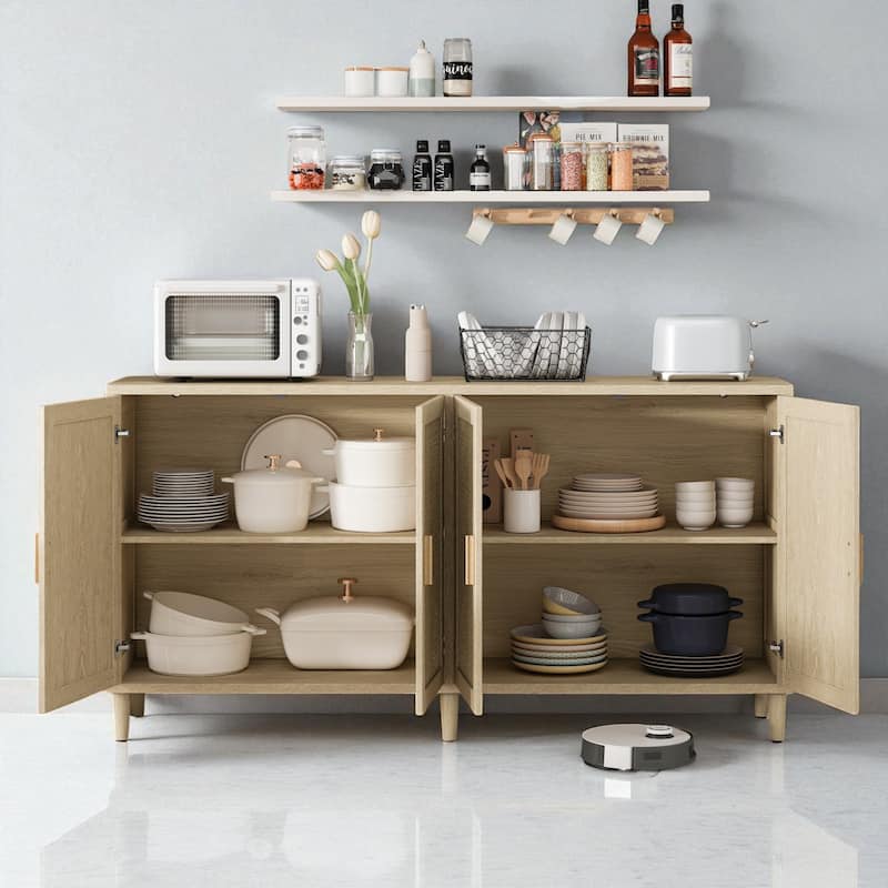 70" Rattan Sideboard Buffet Cabinet with Adjustable Shelves and Storage, Solid Wood Legs, for Kitchen or Dining