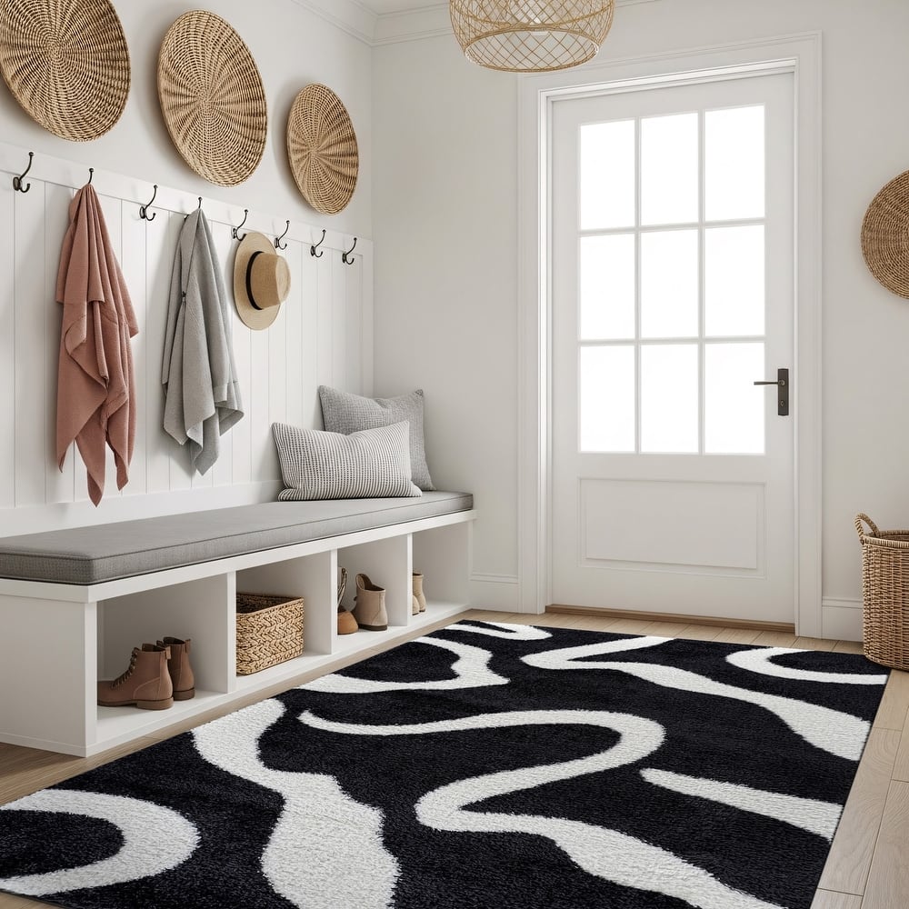 World Rug Gallery Striped Shag Area Rug – Dark Gray