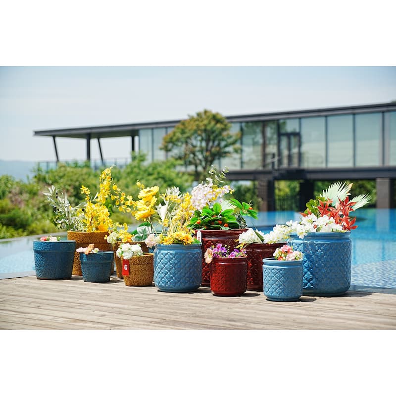 Set of 3 ,15 Inch Ceramic Flower Pots with Drainage - Frost Resistant Indoor Outdoor Planters - Antique Blue
