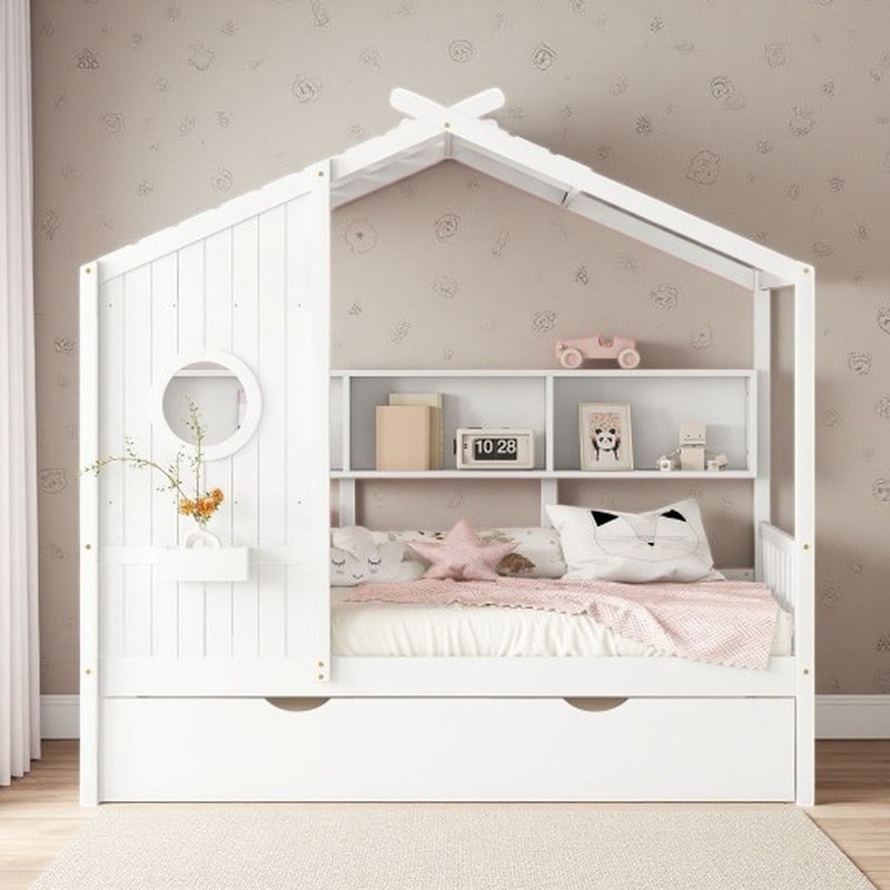 Twin Wooden House Bed with Trundle & Built-in Storage Shelves, Space-Saving Kids Bed Frame