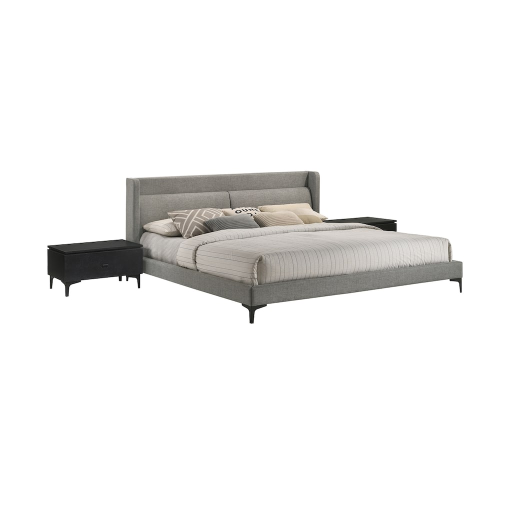 Gray Fabric Bed Set with Nightstands - Modern Platform Bedroom Furniture
