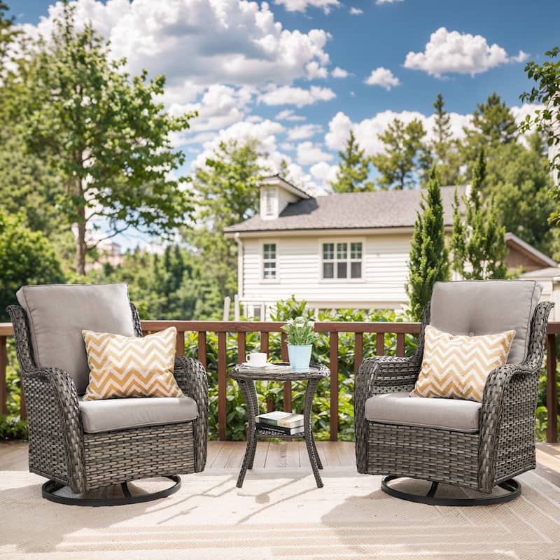 Gymojoy Wicker Swivel Glider Chair Outdoor Rocking Seating with Olefin Cushions - Grey Wicker / Beige Cusion - 3-Piece
