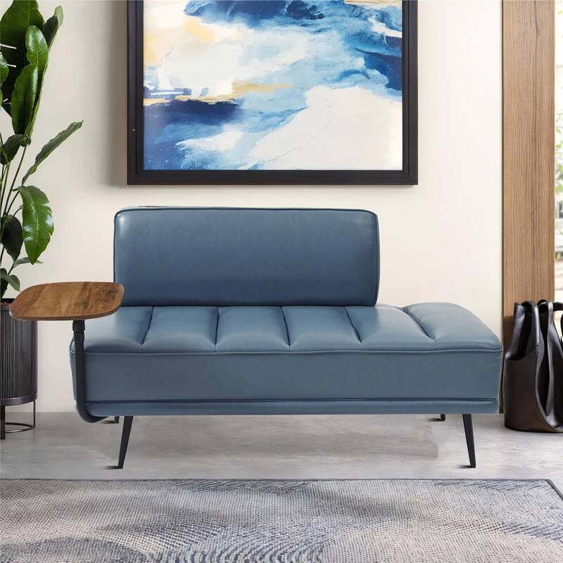 Modern minimalist bench with upholstered backrest and 360-degree swivelling side table, metal legs