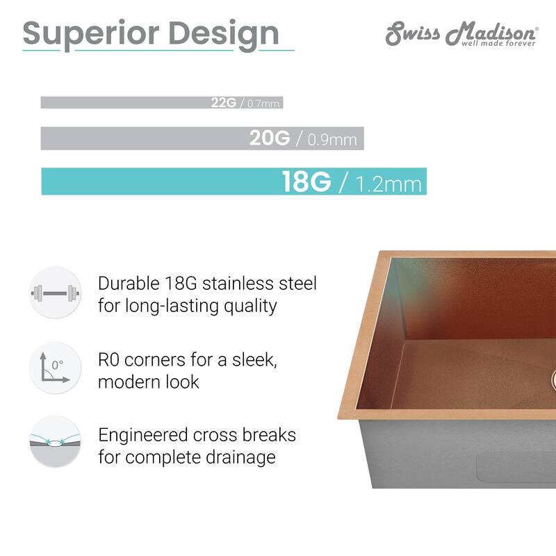Tourner 26 x 18 Stainless Steel, Single Basin, Undermount Kitchen Sink