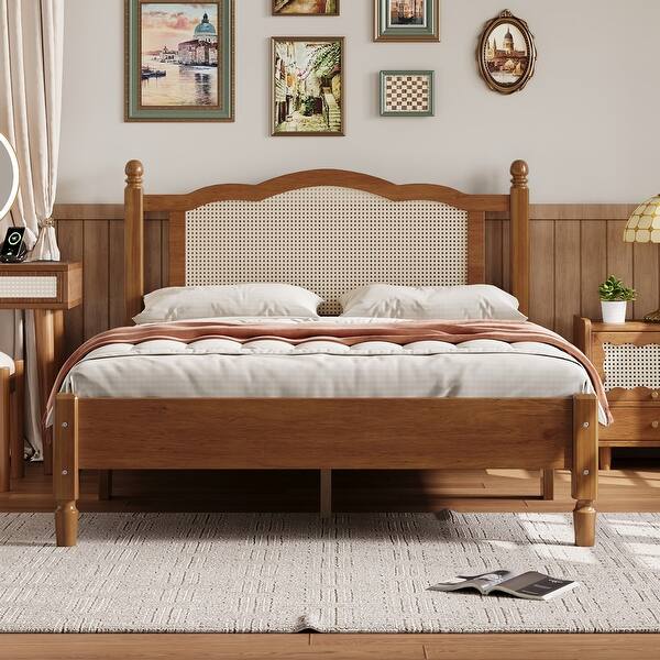 slide 2 of 20, Walnut Platform Bed with Rattan Headboard for a Modern Bedroom Look Walnut - Full