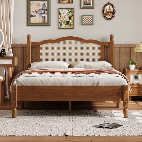 Wooden Platform Bed Low Profile Bed with Natural Rattan Headboard Boho Panel Bed Bed Frame with Wooden Slat Support On Sale Bed Bath Beyond 41299813