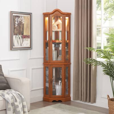 Lighted Glass Corner Display Curio Storage Cabinet with 5 Shelves, Bulb