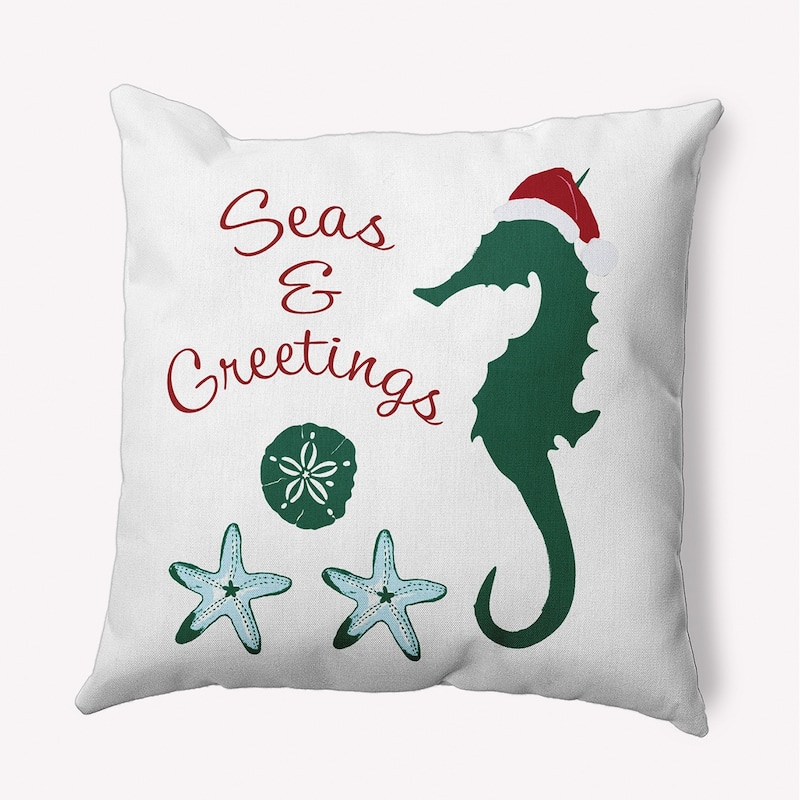 Seas and Greetings Beachy Christmas Indoor/Outdoor Throw Pillow - 18" x 18" - Forest Green