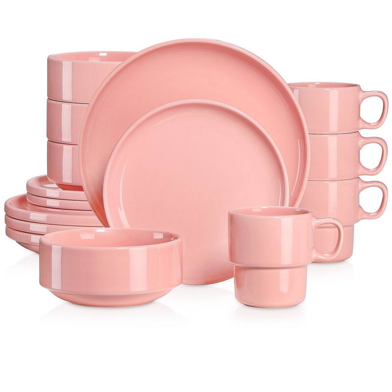 LOVECASA 16-Piece Round Dinnerware Set Stackable, Service for 4