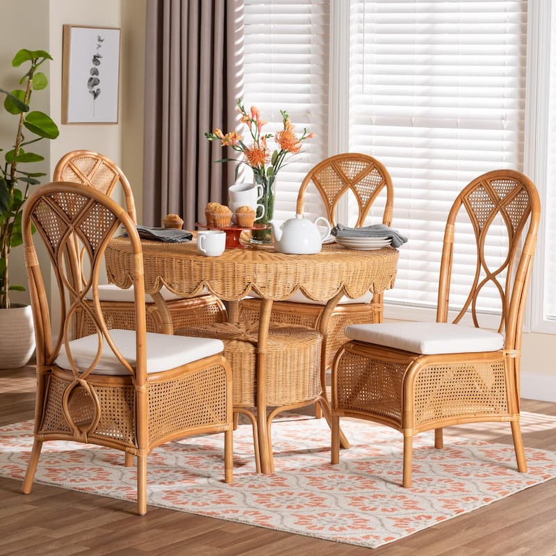 Tony 5-Piece Natural Rattan Dining Set with Round Scalloped Edge Table and 4 Chairs, Handwoven Wicker Dining with Cushions