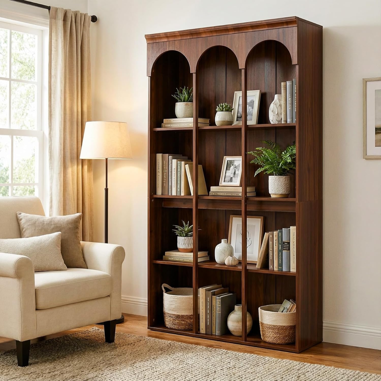 70.9" Tall Arched Bookcase for Living Room, 5-Tier Freestanding Wooden Bookshelf, Mid-Century Modern Library Book Shelving Unit