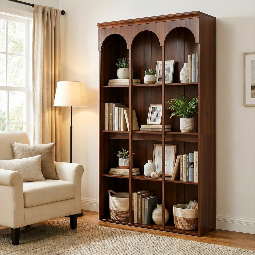 70.9" Tall Arched Bookcase for Living Room, 5-Tier Freestanding Wooden Bookshelf, Mid-Century Modern Library Book Shelving Unit