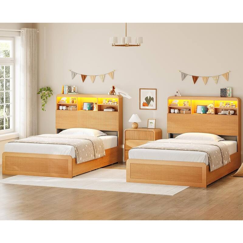 Bed Frame with 4 Storage Drawers and Hidden Storage Headboard Charging Station