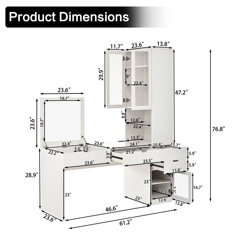 Roomfitters Versatile Vanity Desk with Mirror and Charging Station, Dressing Table with 8 Storage Compartments, White