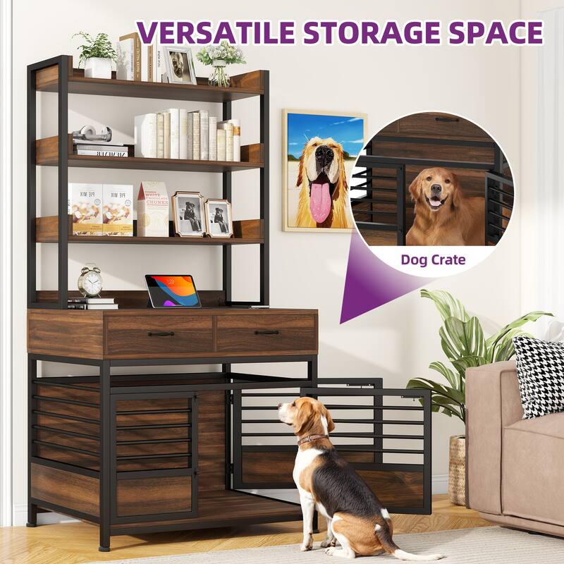 Dog Crate Furniture with Storage Shelves And Charging Station