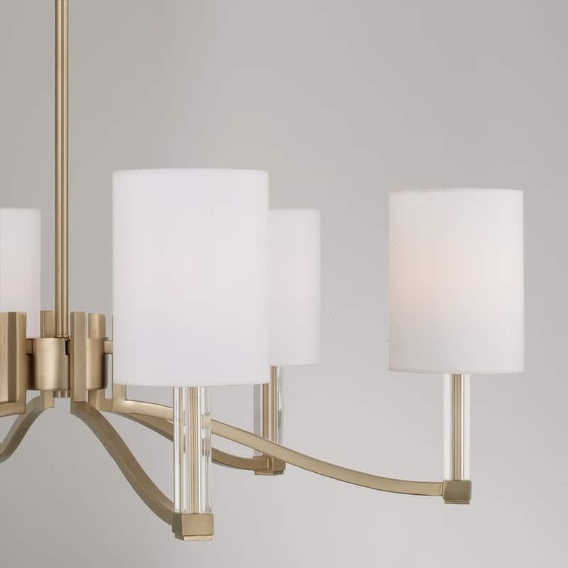40" W x 18.5" H 6-Light Chandelier in Matte Brass with Clear Acrylic Accents and Cylindrical White Fabric Shades - 32"W x 10.5"H