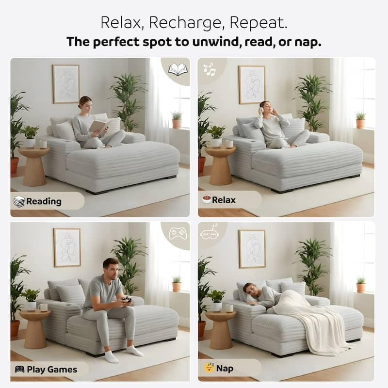 Cocoon Faux Fur Corduroy Oversized Chaise Lounge with Cupholders and USB/USB-C