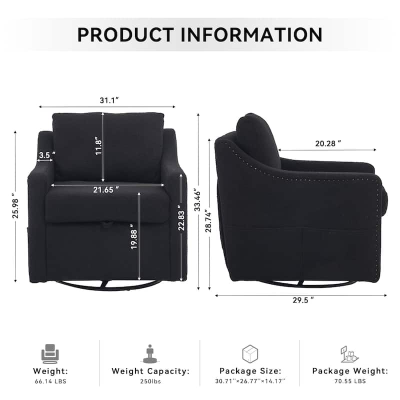 360° Swivel Accent Chair with 1 Back Pillow, Teddy Upholstered Reading Chair with Rivet Trim, Single Sofa Chair for Living Room