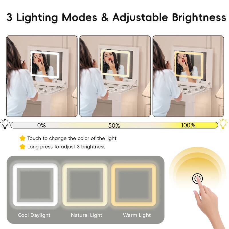 L-shaped Makeup Vanity Dressing Table with Flip-Top Makeup Mirror, Adjustable LED Lights & 7 Drawers