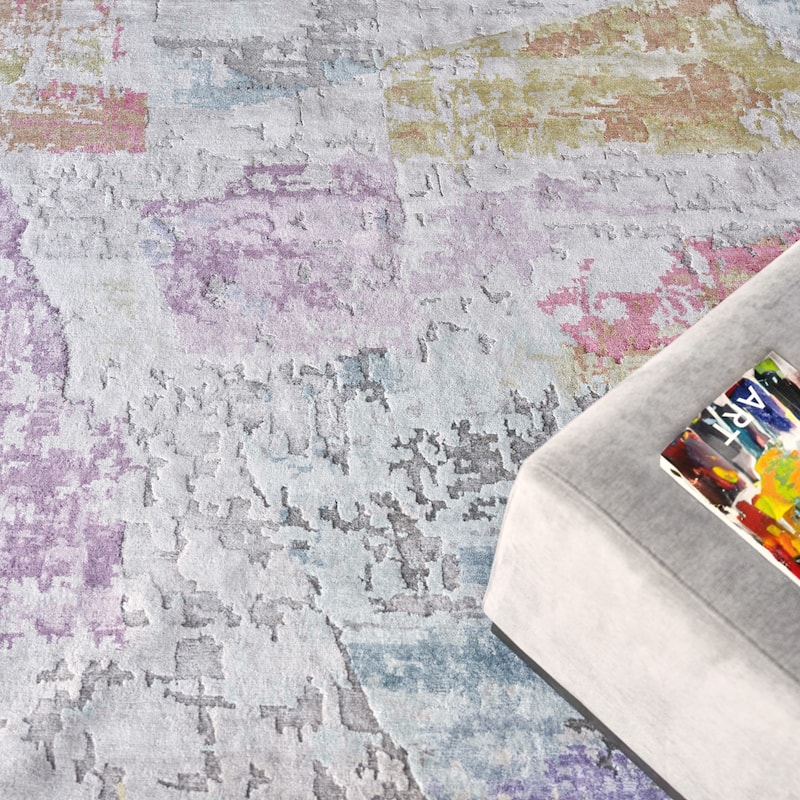 EXQUISITE RUGS Floor Art Hand-knotted Bamboo Silk Ivory/Blue/Gold/Lavender Area Rug.