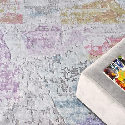 EXQUISITE RUGS Floor Art Hand-knotted Bamboo Silk Ivory/Blue/Gold/Lavender Area Rug.