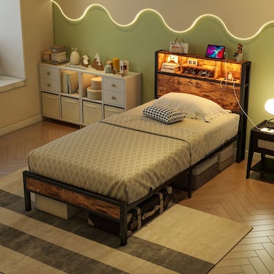 Metal Twin Platform Bed with Storage Headboard, RGB LED Lights, Charging Station, and Under-Bed Storage