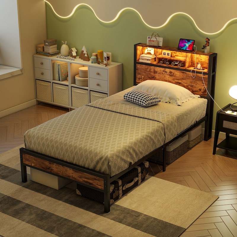 Twin Metal Platform Bed with Built-In Charging Station, LED Headboard Lighting, Bookcase Storage, and Under-Bed Space - Brown