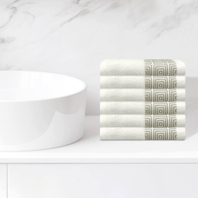 Geometric Patterns Washcloths Set, Cotton Bath Towels, Low Linting Face Towels for Bathroom, Hotel, Spa 13" x 13" - White - 6 Pack