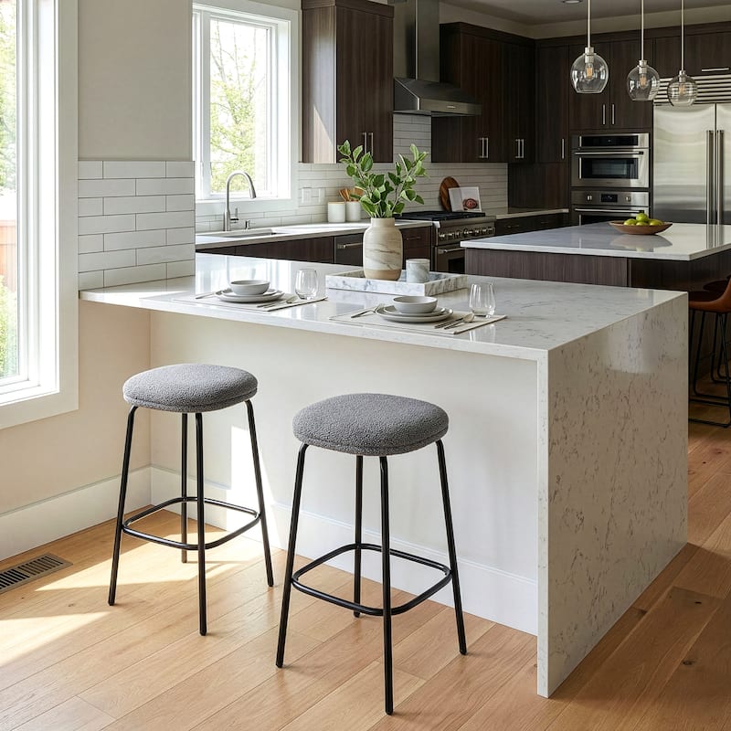 Set of 2 Ayana Gray Boucle Backless Counter Stool with Black Iron Legs