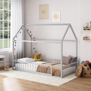 Little Seeds Skyler Metal Montessori House Bed with Removable Rail, Twin, Dove Gray