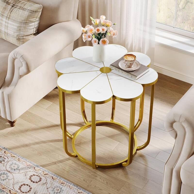 24-Inch Modern Faux Marble End Table with Gold Metal Frame, Flower Side Table for Living Room, Bedroom