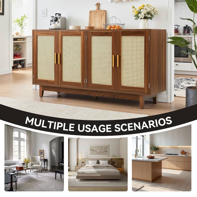 Modern 4 Door Wood Rattan Buffet Sideboard Storage Cabinet
