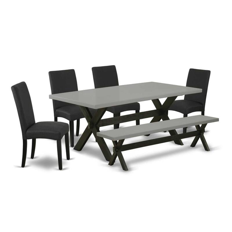 Rococo Romance 6-Piece Dining Set - Black Linen Chairs, Cement Table Top & Bench