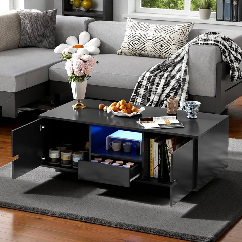 47.2'' Modern High Gloss LED Coffee Table with Storage, Rectangle Center Table with 16 Color Lights for Living Room - Black