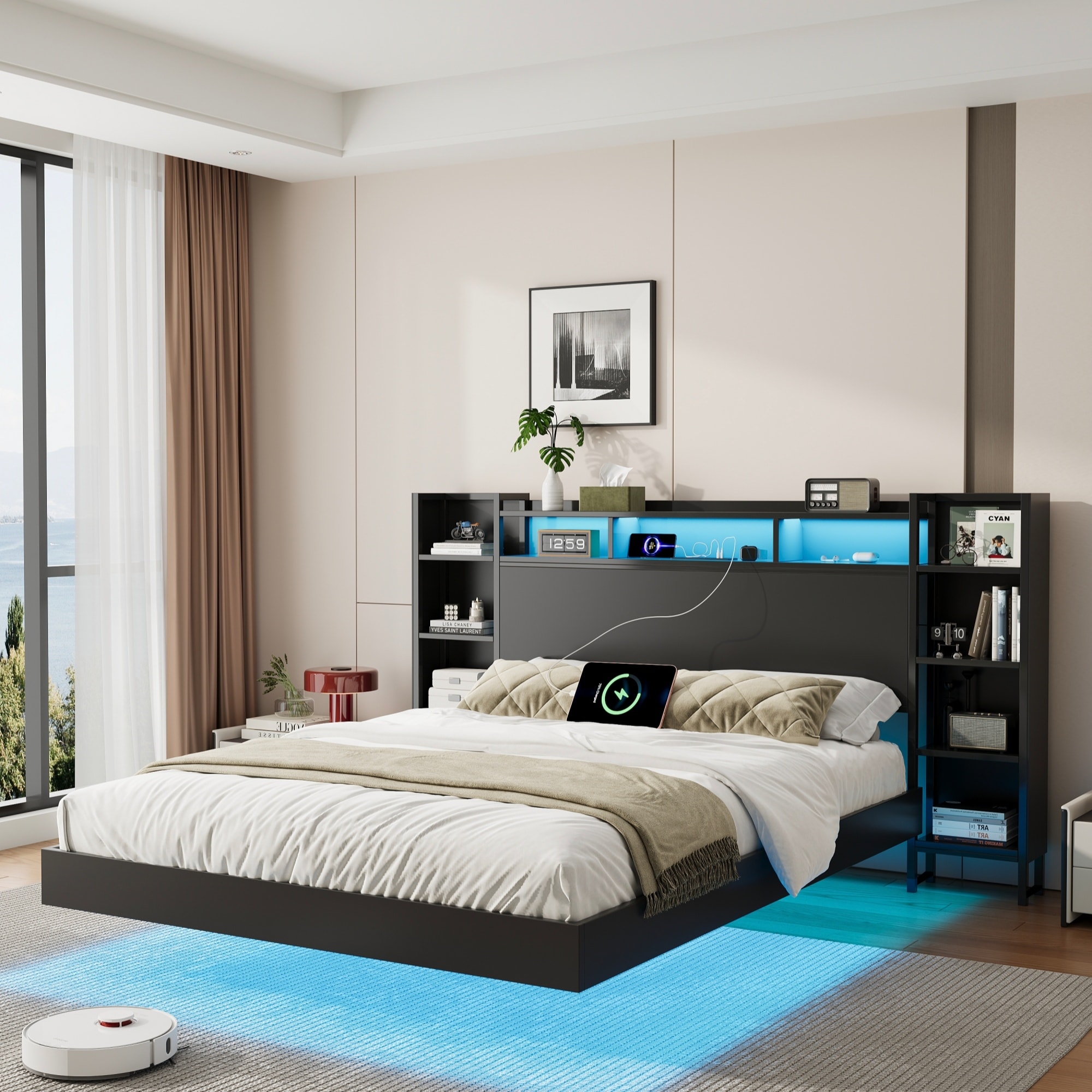 Twin Floating Bed Frame with USB Charging Station & Storage Headboard