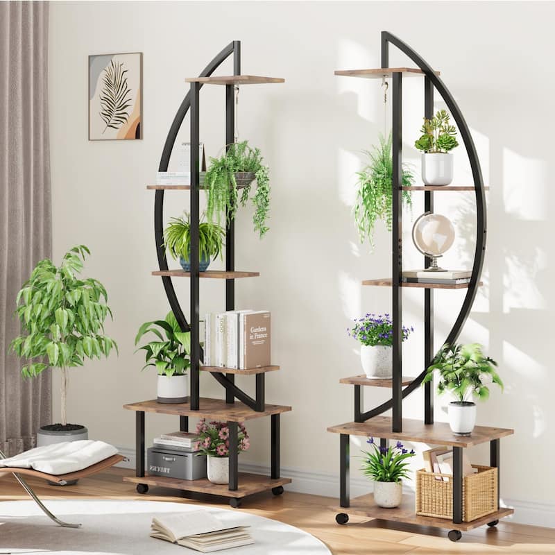 6 Tier Metal Plant Container Stand,Half Moon Shape Plant Stands With Detachable Wheels and Drawers