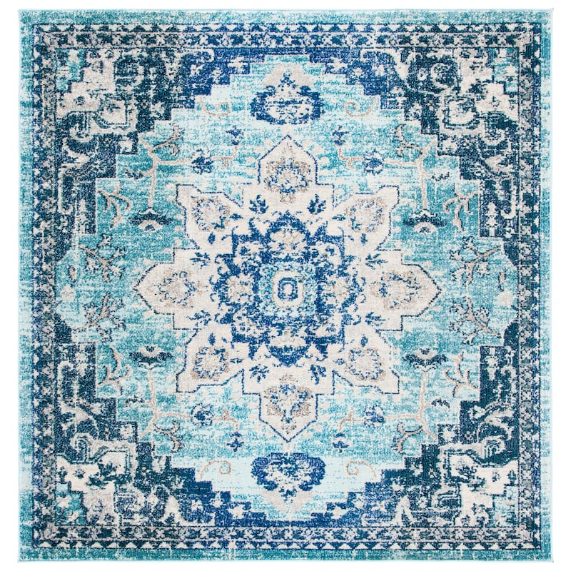 SAFAVIEH Madison Diederike Boho Medallion Distressed Rug - 6'7" Square - Teal/Navy - Square