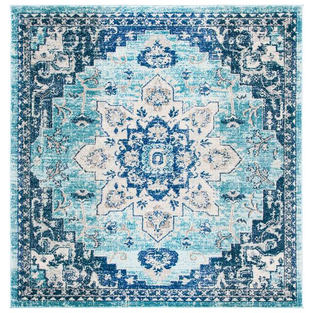 SAFAVIEH Madison Diederike Boho Medallion Distressed Rug - 3' x 3' Square - Teal/Navy