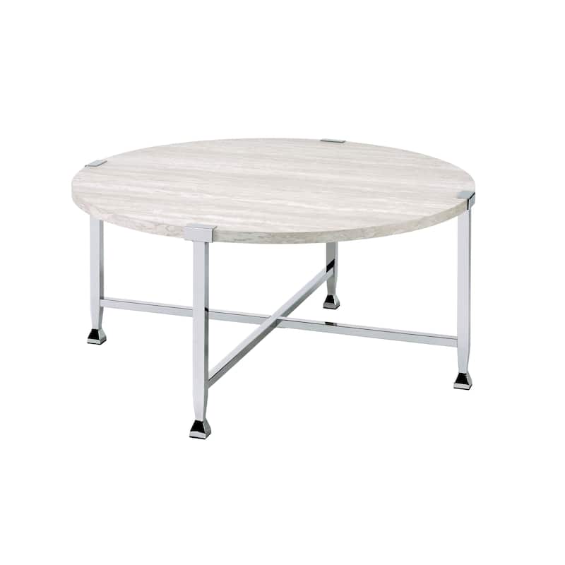 Coffee Table with X Shaped Metal Base and Round Wooden Top,Silver and Beige