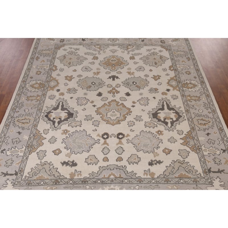 Ivory Oushak Indian Area Rug Hand-Knotted Wool Carpet - 8'1" x 9'11"