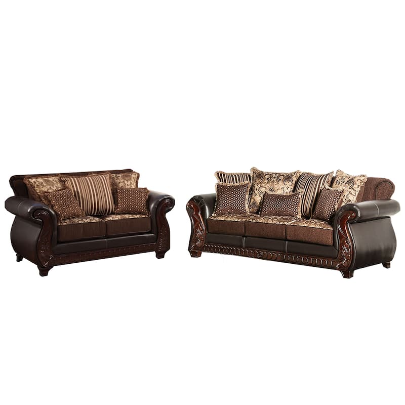 2 Piece Fabric and Leatherette Sofa Set - Dark Brown, Tan