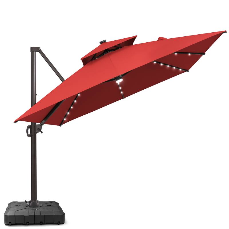 10X13 FT Outdoor Cantilever Patio Umbrella Solar LED Light with Wheel Base - Red