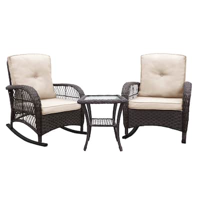 3 Pieces Conversation Set, Outdoor Wicker Rocker Patio Bistro Set, Rocking Chair with Glass Top Side Table